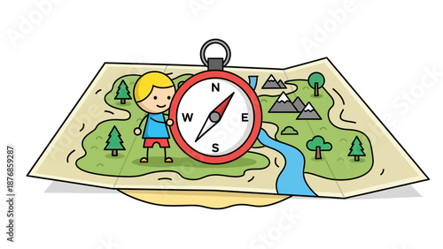 Boy With Map And Compass For Adventure And Discovery