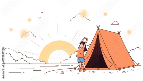 Camping Trip At Sunrise Young Girl Stretching Near A Tent In Nature