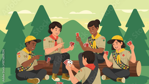 Camping Trip Fun Scouts Playing Card Games Outdoors Together Friendship Concept