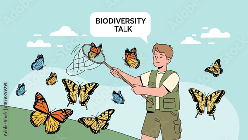Boy With Net Catching Butterflies During Biodiversity Illustration Project
