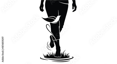 Silhouette of a person walking barefoot through grass, with a bird taking flight.
