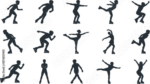 Set of dynamic black vector silhouettes of men and women roller skating in various athletic and artistic poses for sports design, recreation and competition concepts