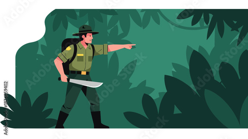 Brave Explorer Navigating Through Dense Tropical Jungle With Machete Adventure Awaits