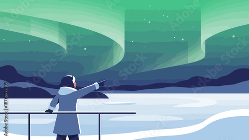 Captivating Aurora Borealis View From The Snowy Landscape Platform In The Arctic