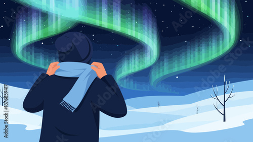 Captivating Aurora Borealis Winter Scene Person Enjoying The Natural Wonder