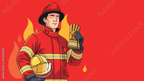 Brave Firefighter In Action With Protective Gear And Fire Background