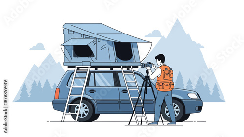 Capturing Adventures Photographer Beside His Camping Car Against Mountain Backdrop