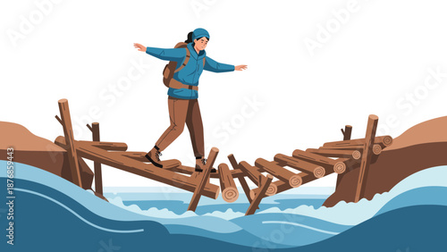 Brave Hiker Crossing A Perilous River Bridge On Her Adventure Journey