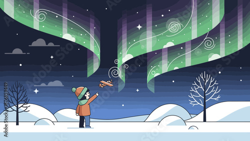 Captivating Northern Lights Landscape With Child And Toy Airplane In Snowy Scene