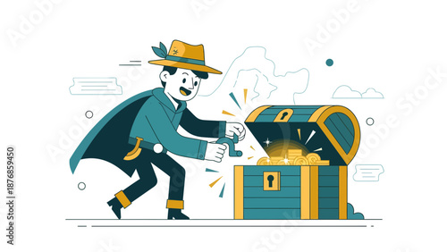 Brave Hero Opens An Old Wooden Treasure Chest With Golden Coins Inside