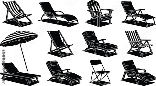 Set of summer beach chair silhouettes black and white vector icons isolated on white background for vacation travel and relaxation design elements collection.