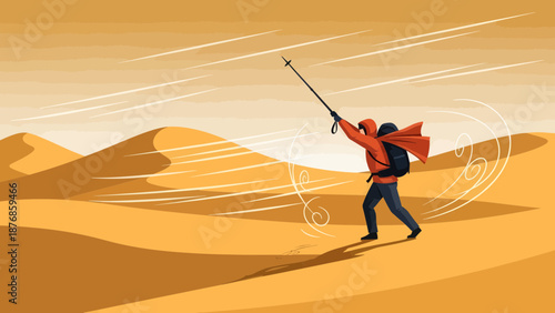 Brave Hiker Faces Fierce Desert Windstorm With Backpack And Trekking Pole