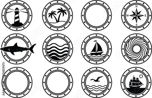 Set of twelve black and white nautical vector icons featuring porthole frames with lighthouse shark compass sailboat and marine travel symbols for logo design