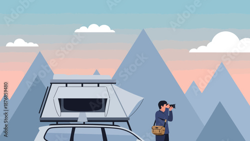 Capturing Memories On A Mountain Vacation With A Roof Tent Car And Photographer
