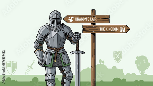 Brave Knight Stands Guard Choosing Between Dragon's Lair Or The Kingdom Journey
