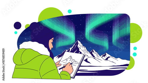 Capturing Northern Lights Woman Sketching Snowy Mountains In Winter Season