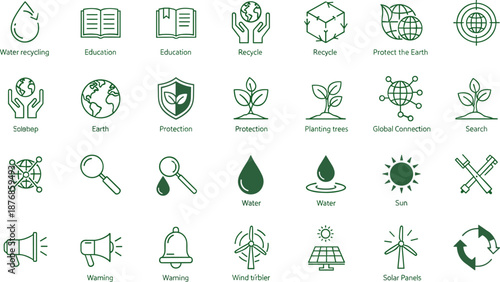 Green icon set representing environmental sustainability, education, recycling, renewable energy, water conservation, global connection, and eco-friendly awareness visuals