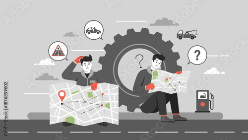 Car Breakdown Dilemma Two Men Lost On Road With Map And Repair Services