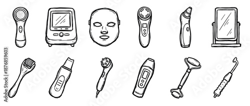 Collection of hand-drawn skincare devices and beauty tools for facial treatments, including a derma roller, LED mask, and massager, illustrated in a simple black and white sketch style
