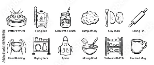 Collection of black and white pottery icons in a sketch style, illustrating the ceramic making process with a potter's wheel, kiln, clay, tools, glaze, and finished pots