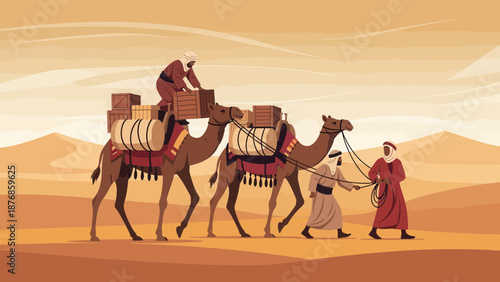 Caravan Traveling Through Desert With Camels And People In Vector Illustration