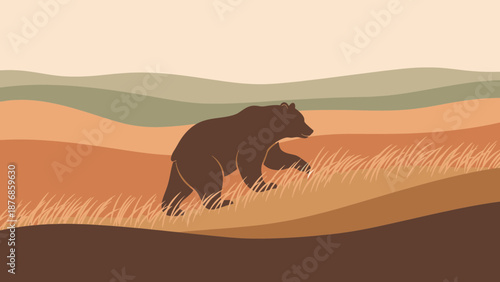 Brown Bear Walking Through Field With Hills In The Background Illustration