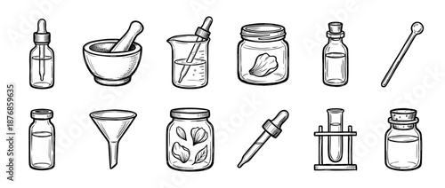 Hand-drawn set of apothecary and laboratory icons with a mortar, pestle, beaker, dropper, and vials in a black and white sketch style for natural cosmetics and herbalism