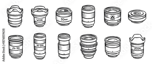 Set of hand-drawn camera lenses in a black and white doodle style, featuring various types like zoom, wide-angle, and prime for professional photography equipment