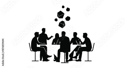 Diverse group collaborates around a table, sharing ideas that rise above them.