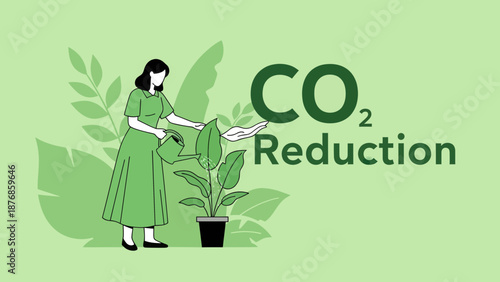 Carbon Dioxide Reduction Strategy Concept With Woman Watering Plant