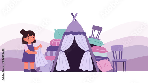 Building A Cozy Fortress: Young Girl Creating A Playful Tent From Pillows And Chairs