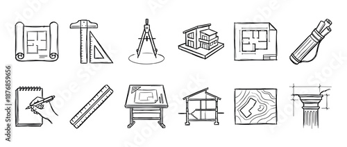 Collection of hand-drawn architecture icons featuring blueprints, drafting tools, house plans, and engineering symbols in a simple black and white sketch style illustration set