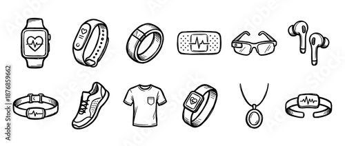 Set of hand-drawn wearable technology icons showing smartwatches, fitness trackers, rings, and other health monitoring gadgets in a black and white sketch style illustration