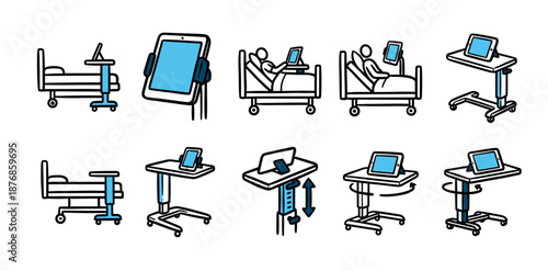 Hospital overbed table and bed icon set showing a patient using a tablet, a collection of adjustable medical furniture illustrations in a simple black and blue line art style