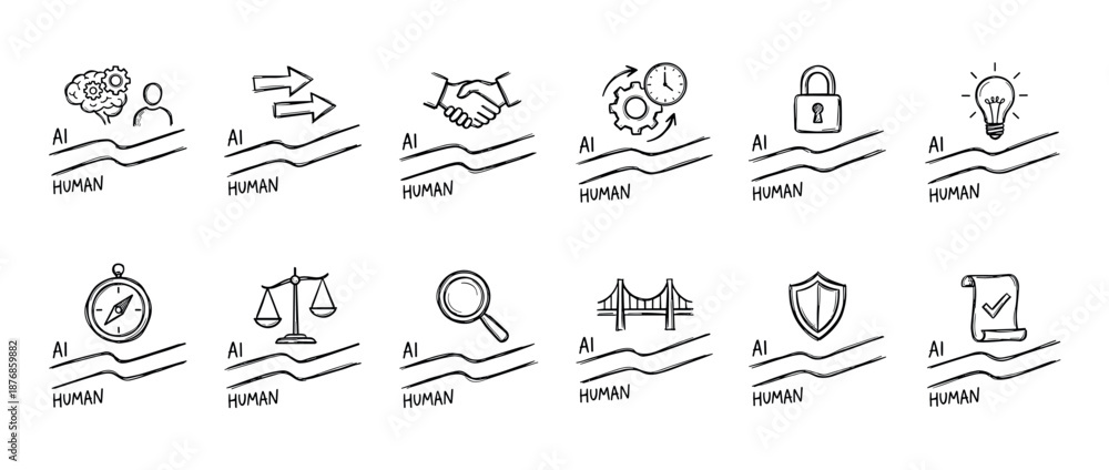 Fototapeta premium Set of hand-drawn doodle icons comparing artificial intelligence and human capabilities in areas like ethics, security, creativity, efficiency, and collaboration