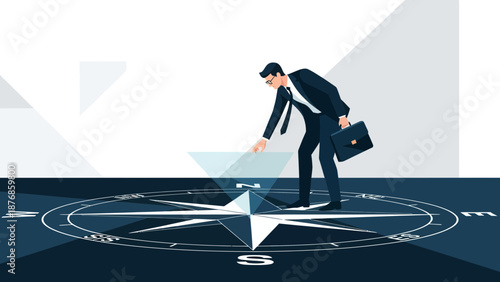 Businessman Navigating Direction With a Compass Rose Seeking Future Opportunities