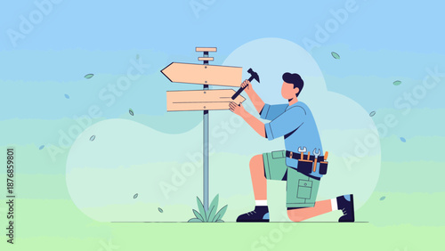 Carpenter Building Wooden Directional Signposts In Nature Setting With Tool Belt