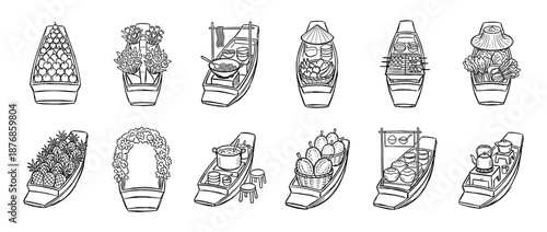 Collection of hand-drawn floating market boats selling various goods like fruit, food, and flowers in a simple black and white line art illustration style, representing Asian culture