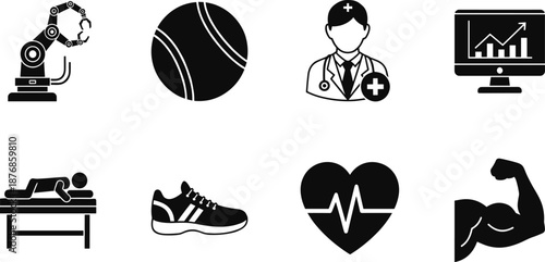 Black and white icon set of health, fitness, technology, sports, automation, medical care, data analytics, wellness, strength, and physical therapy concepts