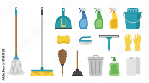 Cleaning Supplies and Equipment for Household Chores.