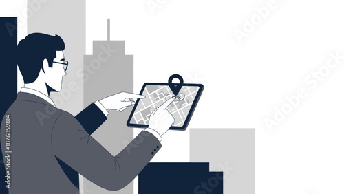 Businessman Navigating City With Digital Map on Tablet for Urban Exploration