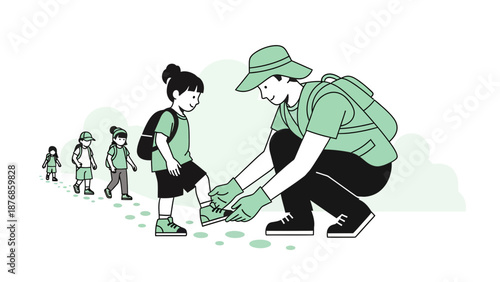 Caring Hiker Adjusting Young Girl's Shoe Laces On A Greenish Scenic Trip Illustration