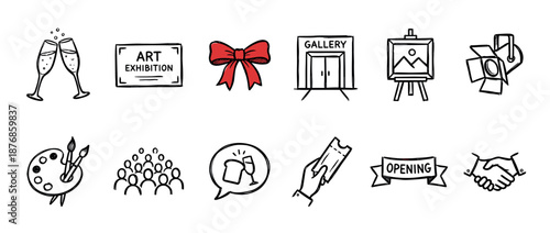 Set of hand-drawn doodle icons for an art exhibition opening, featuring a gallery, easel, palette, champagne, and ticket in a simple black and red sketch illustration style