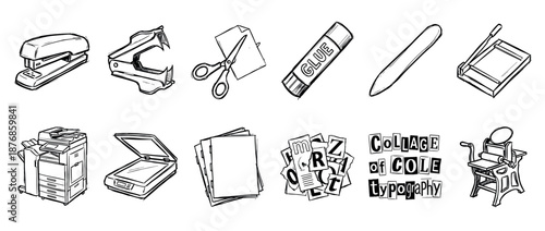 Set of hand-drawn office supply icons including a stapler, scissors, glue, scanner, and printer in a black and white sketchy illustration style for zine and collage concepts