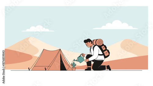 Caring Hiker Waters Cactus at Campsite In Desert Landscape Illustration