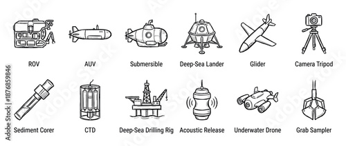 Hand-drawn set of deep-sea exploration icons showing various oceanography equipment like an ROV, submersible, drilling rig, and samplers in a black and white doodle illustration style