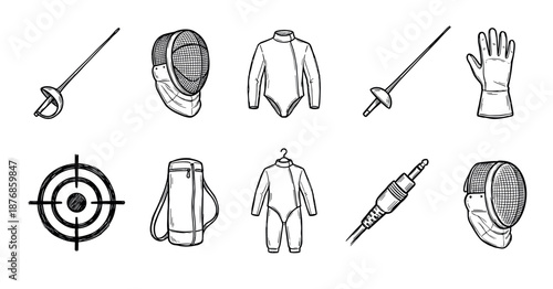 Hand-drawn fencing sport equipment icon set featuring a sword, mask, protective gear, and target in a black line art sketch style for athletic competition themes