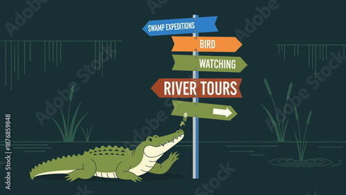 Cartoon Alligator Exploring Options In The Wetlands With Directional Signpost