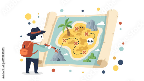 Cartoon Adventurer Planning Treasure Route on Island Map for Discovery Venture