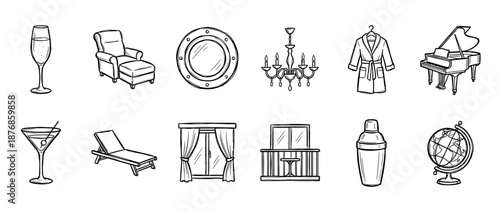 Set of hand-drawn black outline icons representing luxury travel and leisure, with a piano, cocktail, globe, chandelier, and armchair in a simple doodle sketch illustration